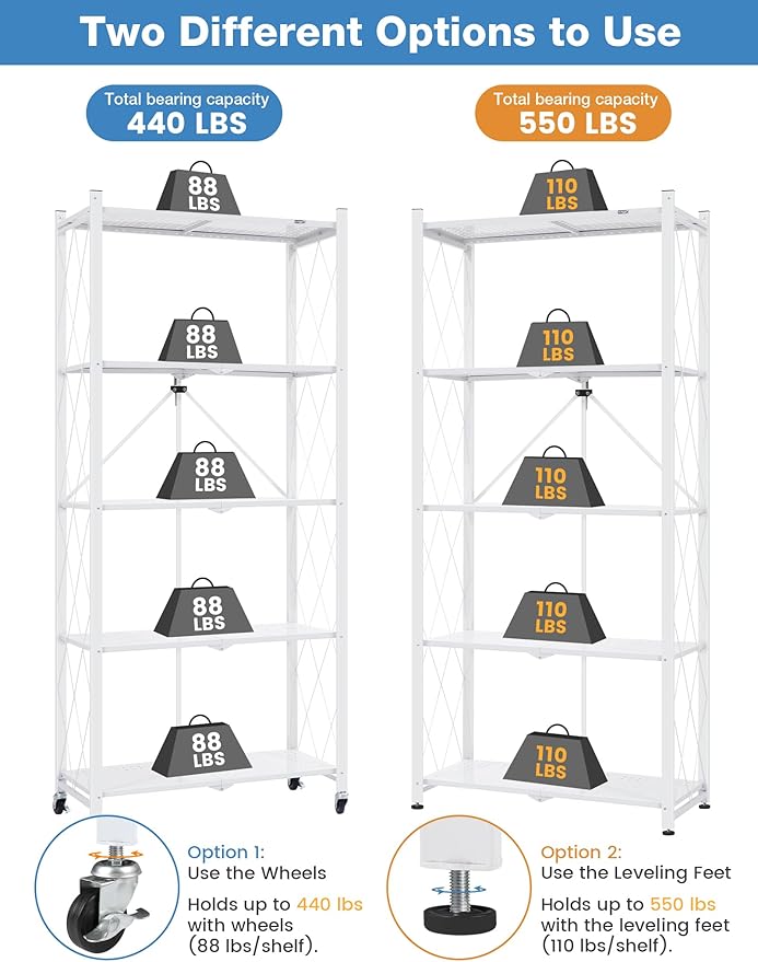 ALANNG 70.7" H Metal Storage Shelves, 5 Tier Folding Shelf on Wheels, Heavy Duty, No Assembly, Rolling, Collapsible Rack Unit for Kitchen, Basement, Pantry (White,1 Pack)