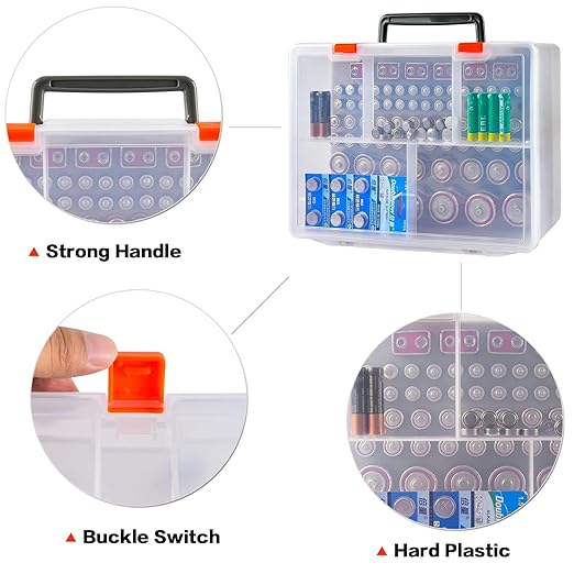 Battery Organizer Holder with Batteries Tester Checker, 120+ Storage Containers Box Case Fits for AA AAA 9V C D Lithium 3V LR44 CR2016 CR1632 CR2032 CR2025 (Batteries Not Includes) -Transparent