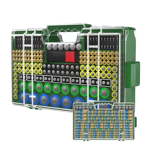 Battery Organizer Storage Holder Box Case with Tester, Ultra-Large 280+ Batteries Double-Sided Variety Pack,Holds AA AAA 4A C D Cell 9V 3V Lithium18650 LR44 CR2 CR123 CR1632 - Green