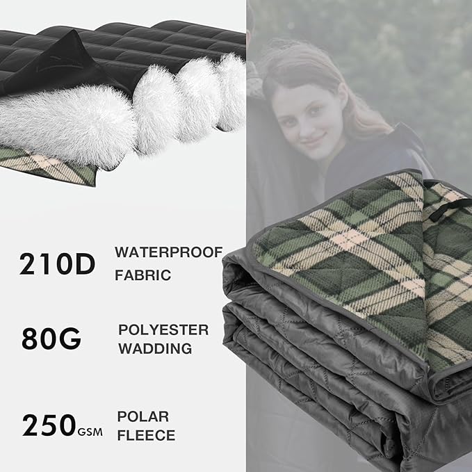 DUKUSEEK Waterproof Stadium Blanket, Hooded Outdoor Blankets Waterproof Windproof for Cold Weather, Emergency Warm Blanket with Quilted Cotton and Thick Fleece for Picnic, Camping, Outdoor Sports…