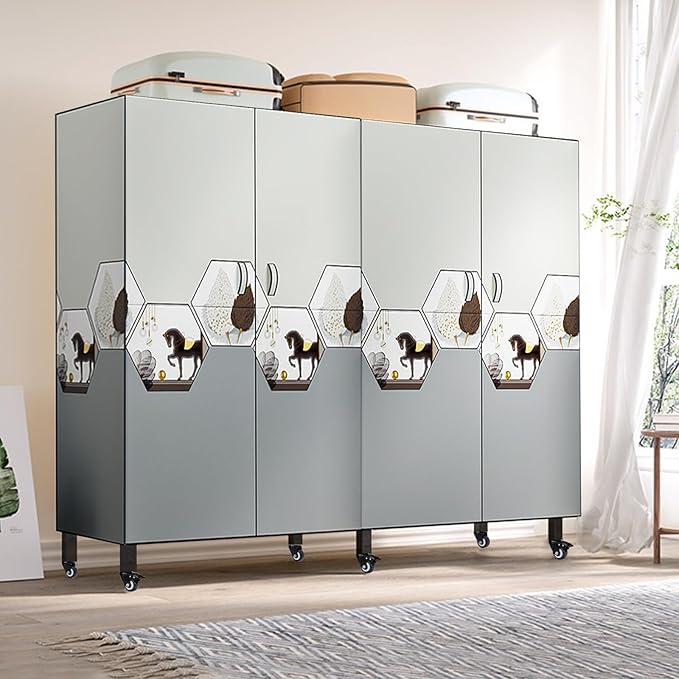 FPIGSHS Heavy Duty Clothes Rack with Magnetic Door 2000LBS Foldable Portable Wardrobe Closet for Hanging Clothing Rolling Garment Rack on Wheels for Bedroom Closet System (C(Pattern Door, 71in)