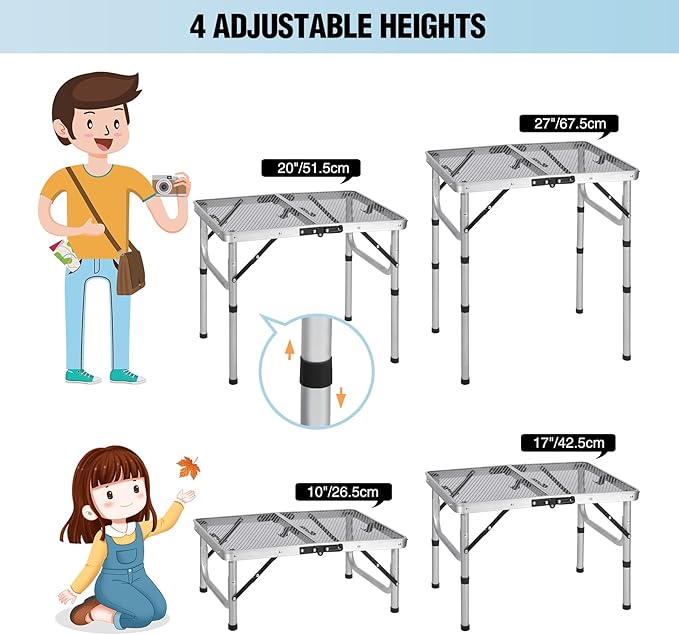 RedSwing Folding Grill Table, Lightweight Height Adjustable Aluminum Table with Mesh Desktop and Mesh Bag for Outdoor Camping Picnic BBQ, 2 Feet, Sliver