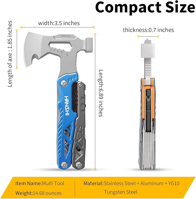 HANSHI Camping Axe Multitool with YG10 Tungsten Steel Replaceable Wire Cutters for Gift,17 in 1 Multi Tool with Spring-Action Pliers,Knife,Screwdriver,Flint Rob,Safty Whistle with Nylon Sheath (Blue)