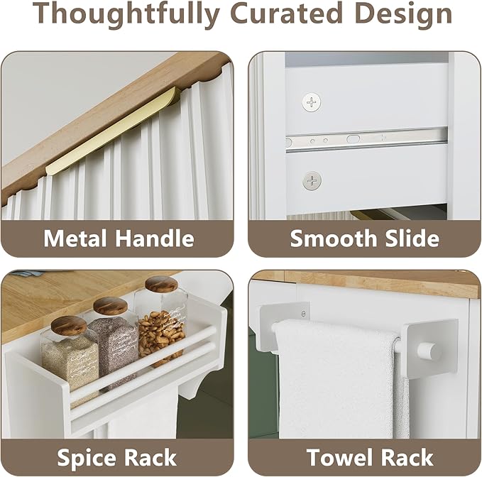 win2win Rolling Kitchen Island with Storage, Portable Kitchen Island with Drop Leaf Breakfast Bar, Modern Farmhouse Kitchen Cart on Wheels with Fluted Design, Towel Rack, Spice Rack, White