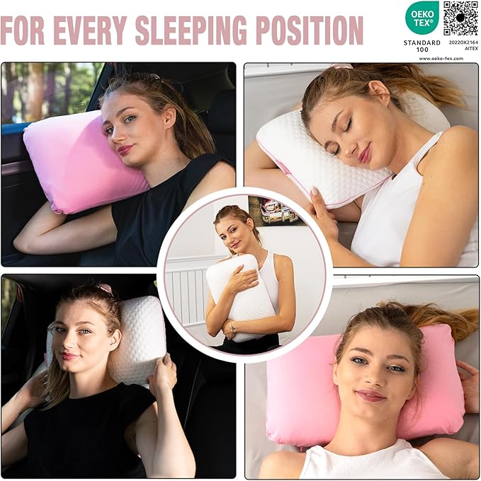 Memory Foam Pillow for Travel and Camping with Extra Cotton Cover – Easy to Carry Portable Bag (Pink)