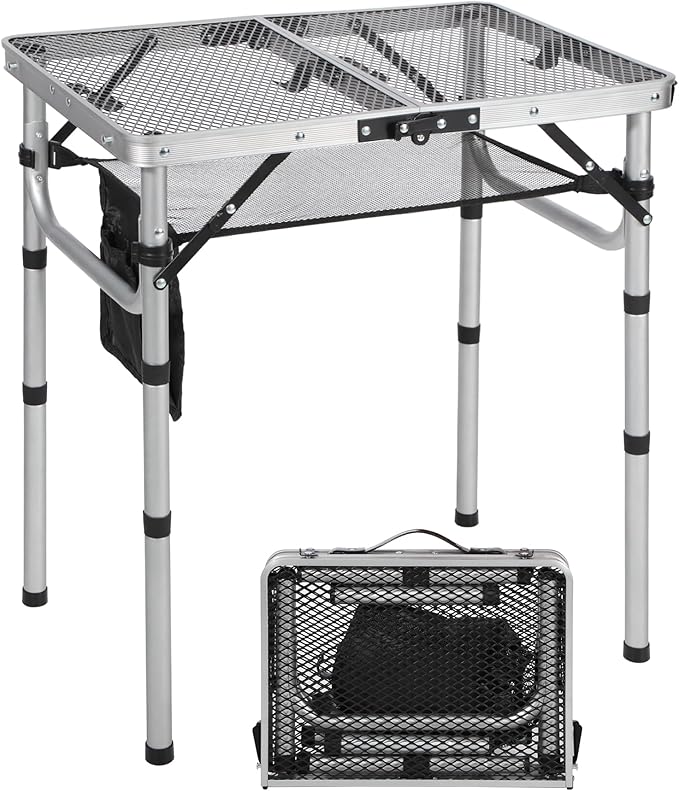 RedSwing Folding Grill Table, Lightweight Height Adjustable Aluminum Table with Mesh Desktop and Mesh Bag for Outdoor Camping Picnic BBQ, 2 Feet, Sliver