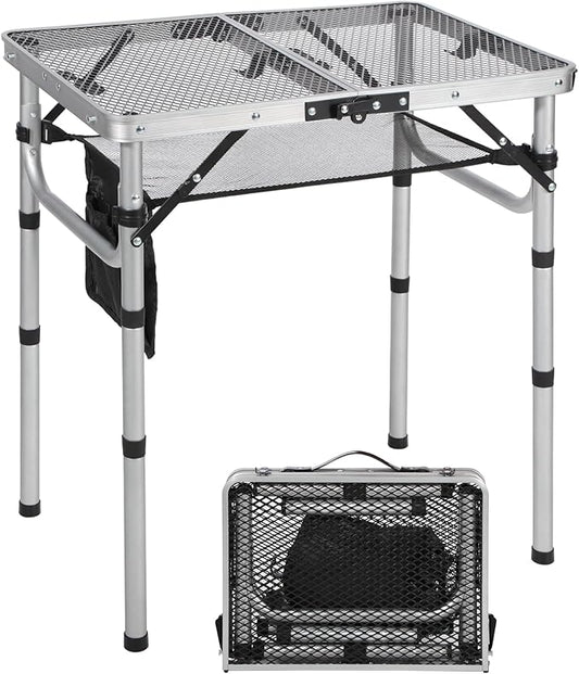 RedSwing Folding Grill Table, Lightweight Height Adjustable Aluminum Table with Mesh Desktop and Mesh Bag for Outdoor Camping Picnic BBQ, 2 Feet, Sliver