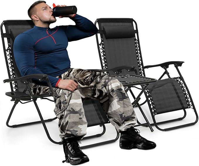 MoNiBloom Oversized Lounge Beach Chairs for Outside, 29" XL Zero Gravity Camping Chairs with Side Table, Pillow and Tray, 330lbs Capacity, Black
