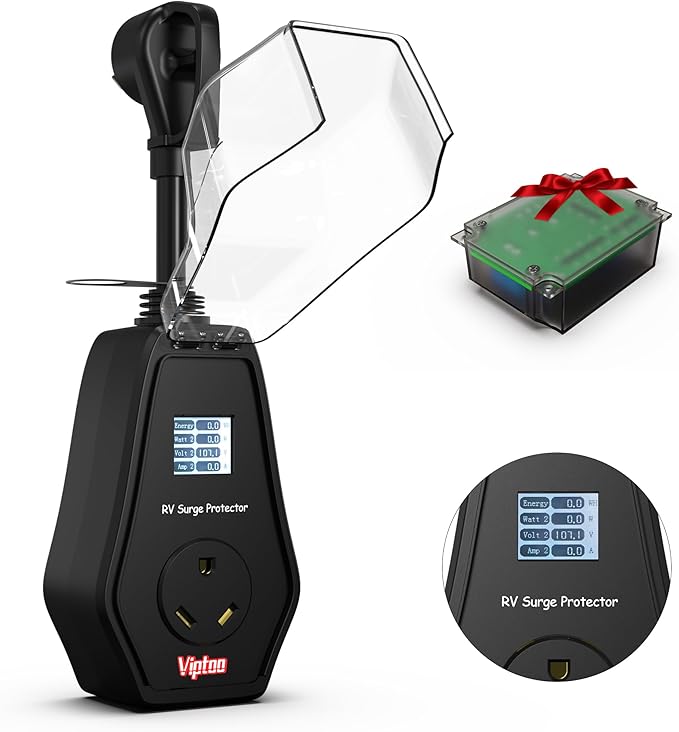 RV Surge Protector 30 Amp with Extra Replacement Module, 1.77" Smart LED Display, 10000 Joules Circuit Analyzer, Waterproof Design with Oversized Cover for Camper & Trailer Power Plug