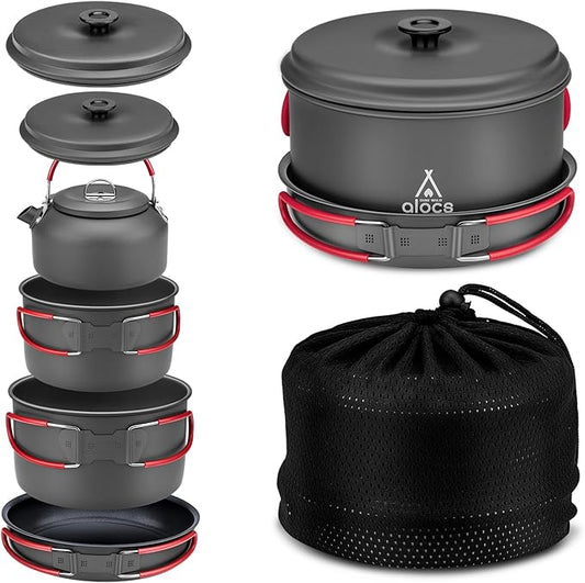 Alocs Camping Cookware Set Camping Gear, Compact Camping Pots and Pans Set, Durable Hard Alumina Camping Cooking Set for Outdoor Backpacking Camping Hiking Picnic, Included Mesh Carry Bag.