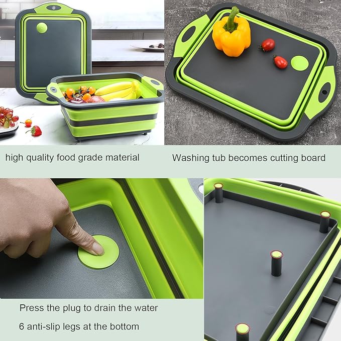 Camping Collapsible Cutting Board Dish Basin BBQ Prep Tub Camp Sink Dish Washing Station Multifunctional Storage Basket(Grey white)