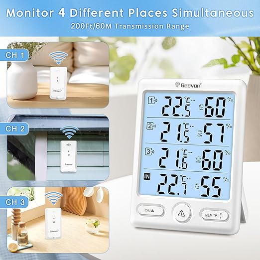 Geevon Indoor Outdoor Thermometer Wireless, 5-Inch Display Digital Hygrometer Thermometer Temperature Humidity Monitor with 3 Remote Sensors and Backlight, Battery-Powered(White)