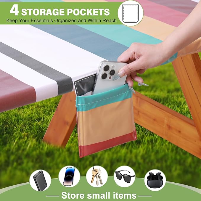 Fitted Picnic Table Cover with Bench Covers Waterproof Elastic Edges Rectangle Patio Tablecloth Outdoor Camping Essentials Stuff Rv Accessories Summer Trip Travel Supplies Party Camper Gifts, 8 ft