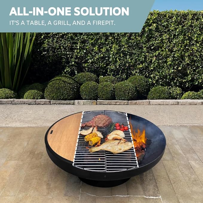 32 Inch Round Fire Pit Table with Fire Pit Grill, Extra Thick, Heavy Duty Fire Bowl, Deep Outdoor Firepit, Wood Burning Firepits for Outside Patio, Backyard Fire Pits, Large BBQ Pit