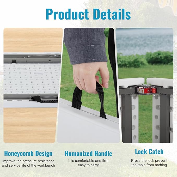 PayLessHere | 8FT Folding Table | Portable Plastic Table with Carry Handle | Waterproof & Foldable Table Design | Steel Frame with Lock | White | for Events, Camping, Indoor & Outdoor Use