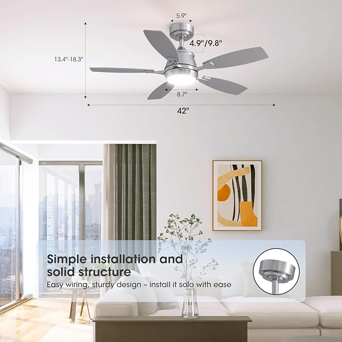 42" Ceiling Fan with Light, Modern Low Profile Ceiling Fan with Light, DC Reversible Motor, Smart APP & Remote Control, Whisper Quiet, Dimmable LED for Bedroom/Living Room