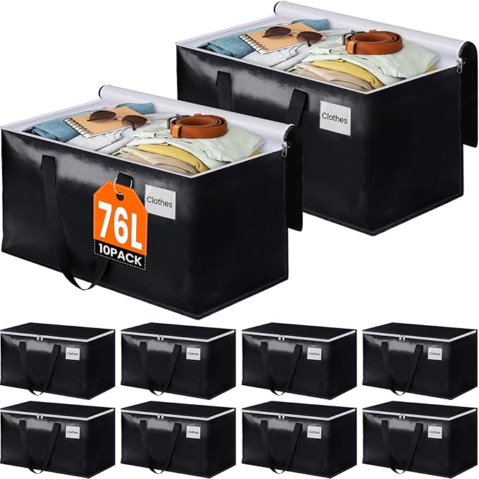BlissTotes Moving Bags, Heavy Duty Moving Boxes with Zippers Top and Sturdy Handles, Storage Bags for Space Saving and Packing, Collapsible Moving Supplies, Storage Totes (76L, 10-Pack, Black)