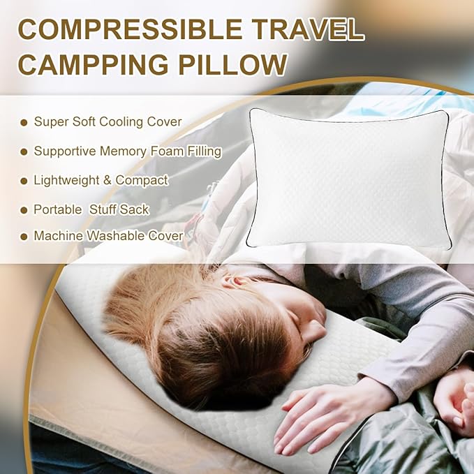 Ivellow Travel Pillow Cooling Camping Pillow for Sleeping Compressible Shredded Memory Foam Pillow Compact Firm Supportive Pillow for Adults Kids Outdoor Backpacking Hiking Essential Gear White M