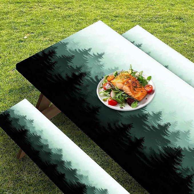 CAPSCEOLL Elastic Picnic Table Cover with Bench Covers 5Ft Waterproof Fitted Picnic Table Cover Cloths for Outdoors Camping Tablecloth with Drawstring Bag, 60X30in, Green Forest