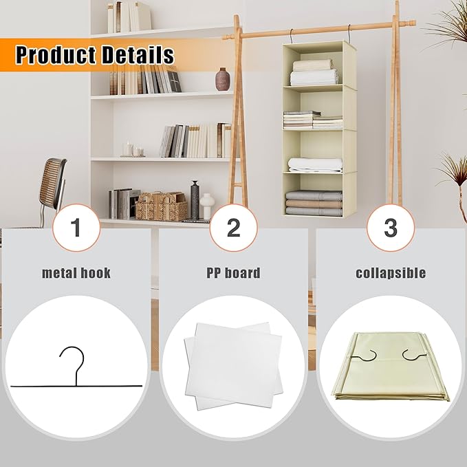 Hanging Closet Organizer, Easy Mount Foldable 4-Shelf Hanging Closet Wardrobe Storage Shelves, Clothes Handbag Shoes Accessories Storage, Washable Oxford Cloth Fabric, Beige