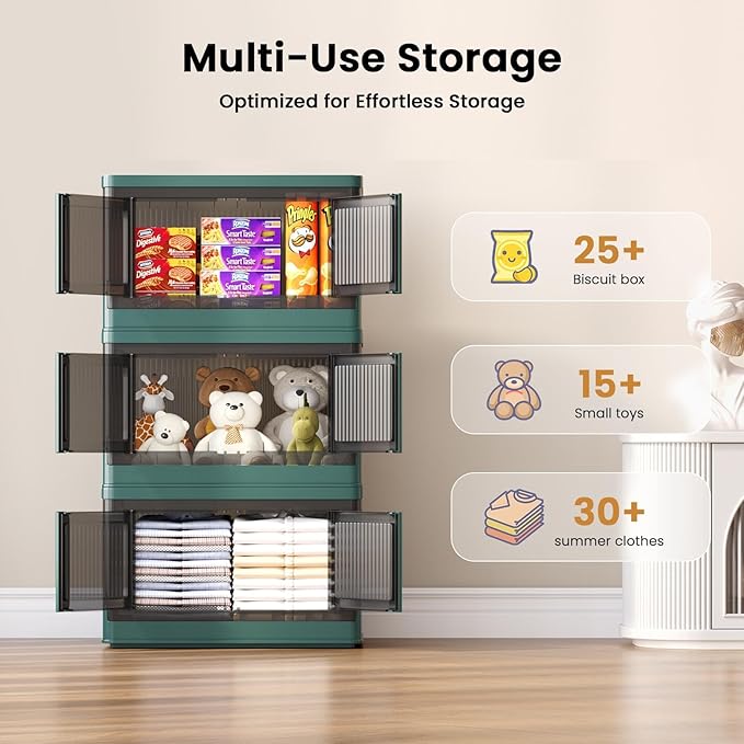 8.4Gal Collapsible Storage Bins with Lids & Wheels - 3 Pack Stackable with Doors, Heavy-Duty Plastic Containers for Home/Office, Green