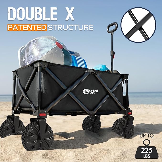 PORTAL Collapsible Folding Utility Wagon, Foldable Wagon Carts Heavy Duty, Large Capacity Beach Wagon with All Terrain Wheels, Outdoor Portable Wagon for Camping, Garden, Shopping, Groceries, Black