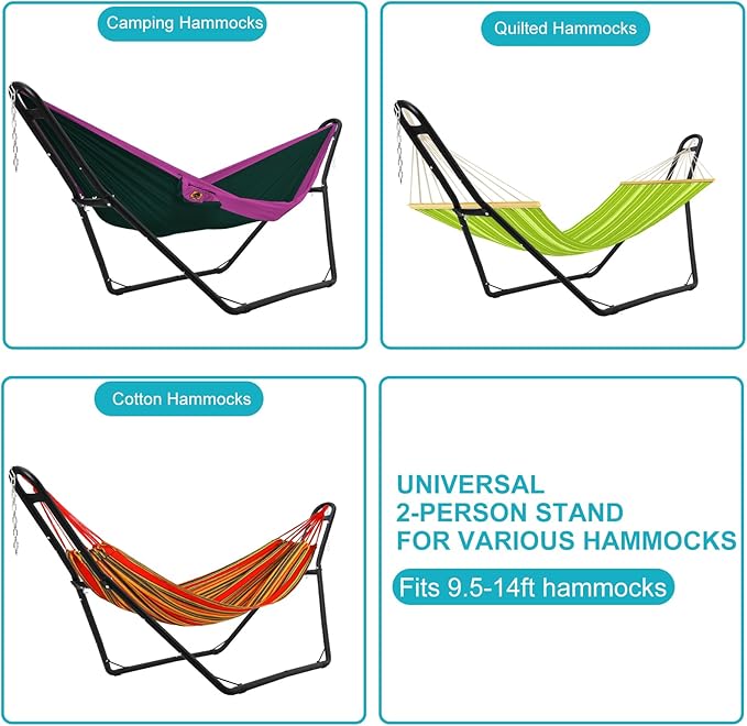 PioneerWorks Hammock Stand, Steel Hammock Frame Heavy Duty 550 LBS Capacity 2Person, Fits Hammocks 9 to 14 Ft, Portable Hammock Rack Adjustable Universal for Indoor Outdoor Backyard Camping Use