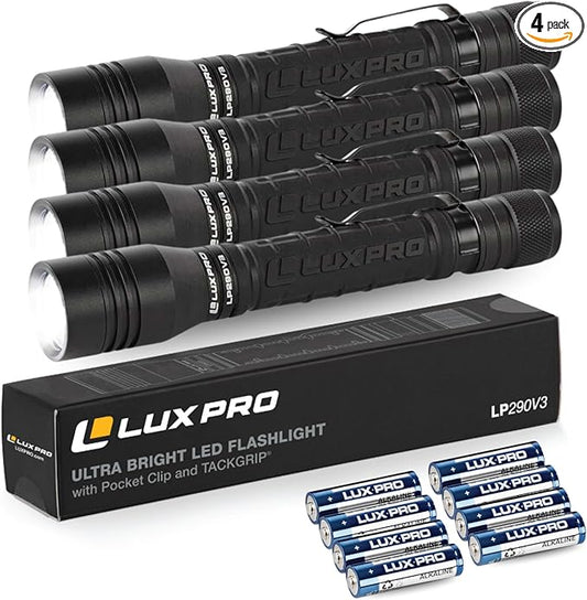 LUXPRO LP290V3 LED Flashlight - Bright 300 Lumens with 3 Light Modes - Aircraft-Grade Aluminum with IPX4 Waterproof Protection & Patented TackGrip - Camping, Outdoor, Home - Batteries Included 4 Pack