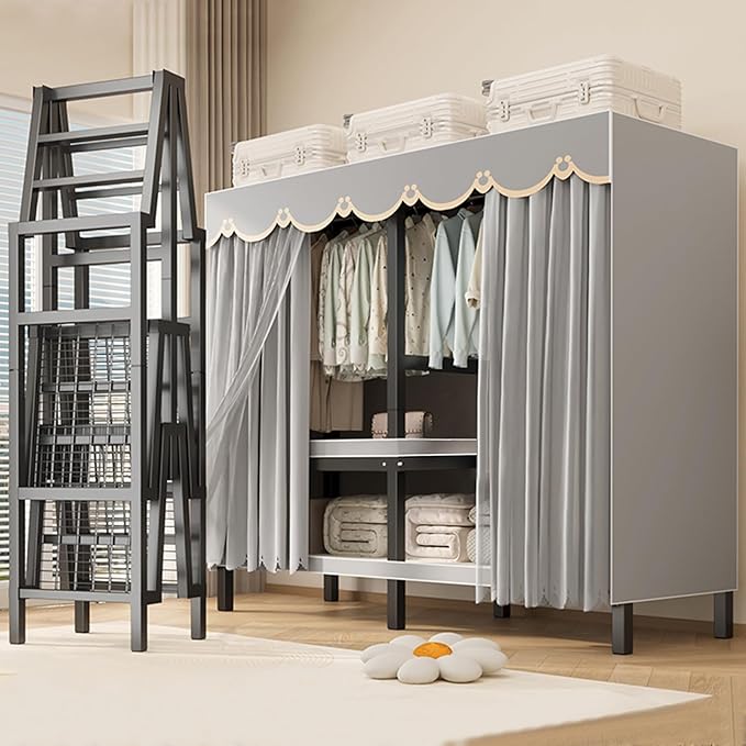 FPIGSHS Heavy Duty Clothes Rack with Cover 2000LBS Foldable Portable Wardrobe Closet for Hanging Clothing Rolling Garment Rack on Wheels for Bedroom Closet System (D(Gauze Curtain Cover, 59in)