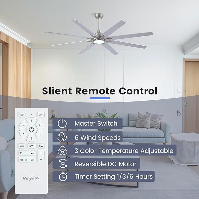72 inch Large Ceiling Fans with Lights and Remote, Indoor/Outdoor Brushed Nickel Ceiling Fan for Living Room Patio, 6 Speeds Slient Reversible DC Motor, 3CCT, Timer, 3 Downrods, 8 Blades