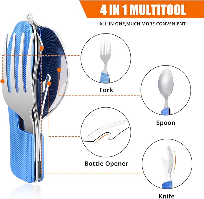 Camping Silverware Set HIKENTURE 4-In-1 Stainless Steel Hobo Knife Fork Spoon Bottle Opener with Storage Case (Blue)