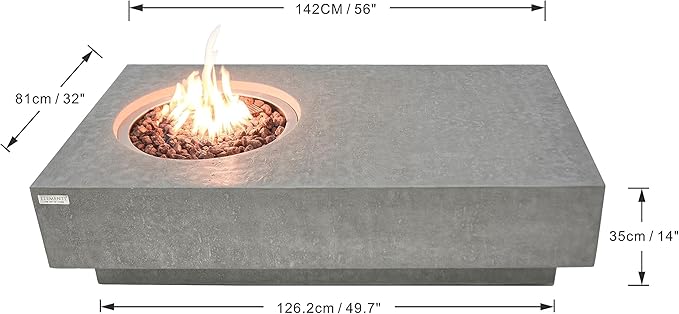 Elementi | Metropolis Gas Fire Pit Cast Concrete 56" Rectangular Fire Table, Outdoor Fire Pit Electronic Ignition | Canvas Cover, Lava Rock Included | Light Gray (Natural Gas)