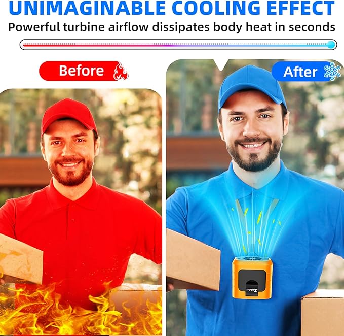 Zeadio Waist Clip Fan, 3 Spreed 10000mAh Operated Hands-free Wearable Necklace Fan, with lighting function for Hot Flashes Home Office Travel Outdoor Sports - Orange