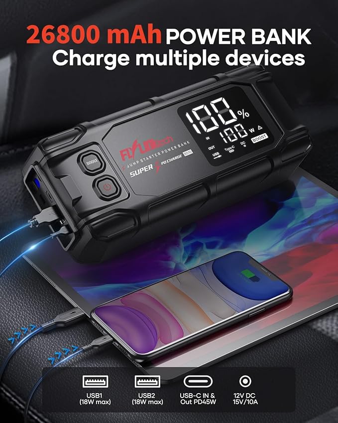 FLYLINKTECH Car Battery Jump Starter, 8000A Peak 26800mAh Jump Start Battery Pack(for All Gas or up to 12L Diesel),12V Jump Box with PD65W Fast Charging and 600 Lumen LED Light