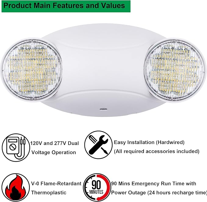 LIT-PaTH LED Emergency Lighting Fixtures with 2 LED Bug Eye Heads and Back Up Batteries- US Standard Exit Light, UL 924 and CEC Qualified, 120/277 Voltage, White, 6-Pack