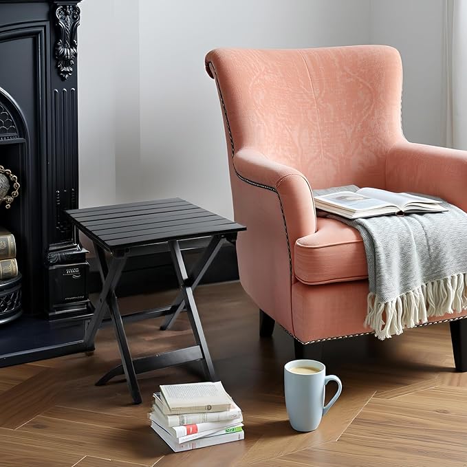 Small Wood End Square Table Outdoor Patio Side Folding Table Coffee Furniture for Living Room, Bedroom, Plant Stand, Camping Portable Black