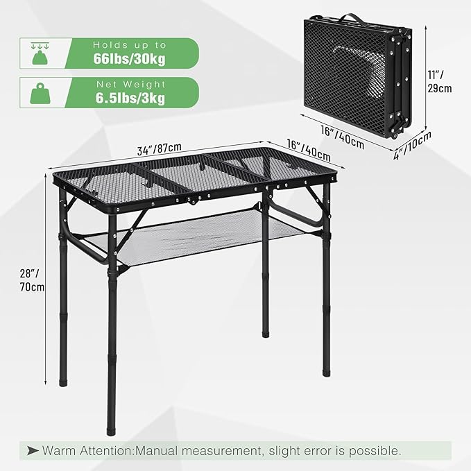 RedSwing Tri-fold Folding Picnic Table, Lightweight Height Adjustable Aluminum Frame Table with Mesh Layer for Outdoor Camping Picnic BBQ, Black