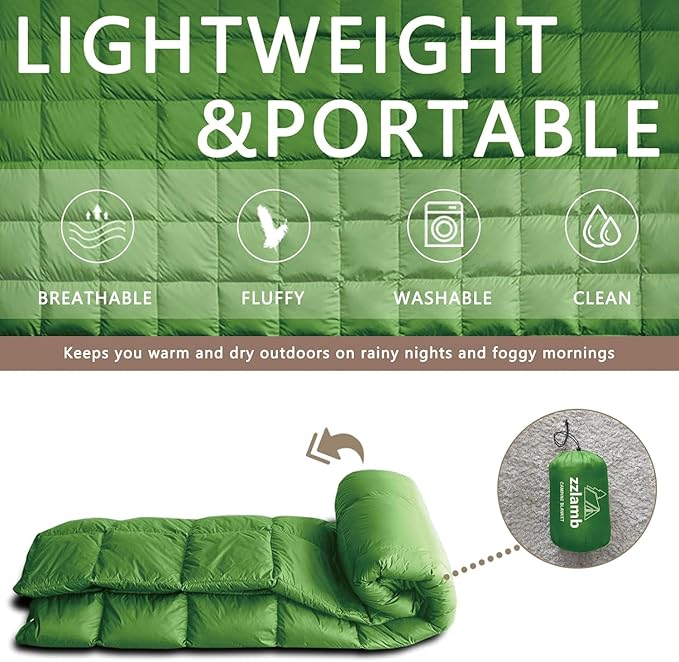 zzlamb Puffy Down Camping Blanket Water-Repellent, Down Throw Travel Blanket Portable for Outdoor, Light Warm Quilt for Couch Plane Car Theater Stadium Picnic RV Backpacking Hammock