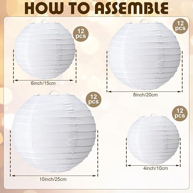 Treela 48 Pcs Paper Lanterns Party Decorations Chinese Round Paper Lanterns 4/6/8/10 Inch Asian Hanging Lamps Decorative for Birthday Party Supplies(White)