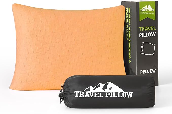 Small Shredded Memory Foam Pillow, Camping Pillow Travel Pillow - Compressible Medium Firm, Breathable Cover, Ideal Backpacking Hiking, Airplane and Car (Apricot Yellow, M)