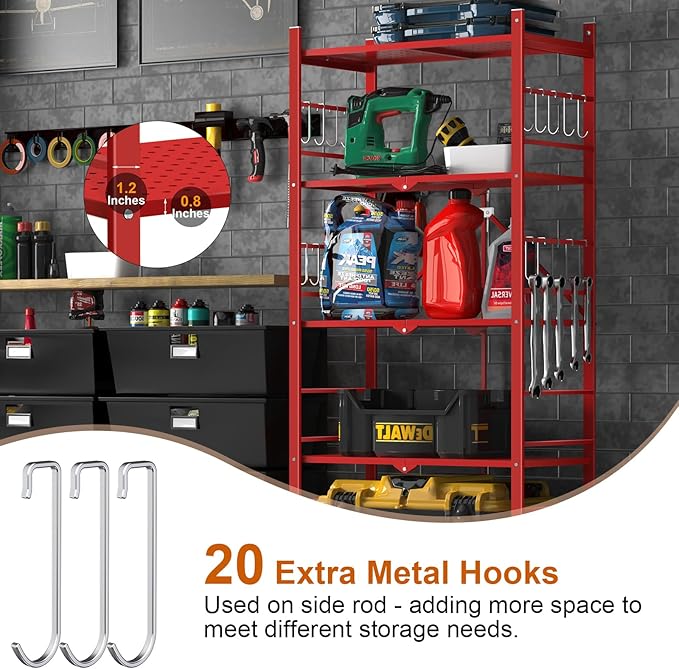 Storage Shelves with 20 Hooks, 5-Tier Foldable Shelves for Storage, Folding Utility Shelf Unit Pantry Shelf with Wheels, Metal Shelving Unit Rack for Garage Christmas Room, Red - No Assembly