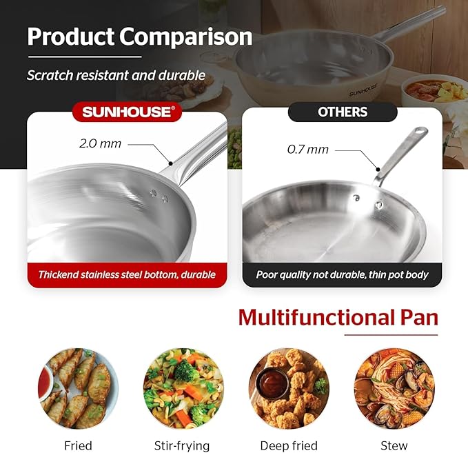 Sunhouse 18/10 10 Inch Stainless Steel Frying Pan, Whole-Clad No Coatings Skillet with Stay-cool Handle for Cooking, Durable & Oven Safe to 500°F, Dishwasher Safe, Compatible with All Cooktops