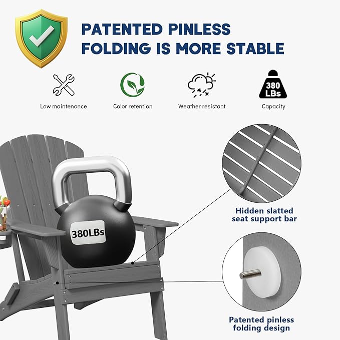 Folding Adirondack Chair, SGS Tested, Wooden Textured with Cup Holder, Heavy All-Weather HDPE Comfortable Set Poolside Backyard Lawn Grey