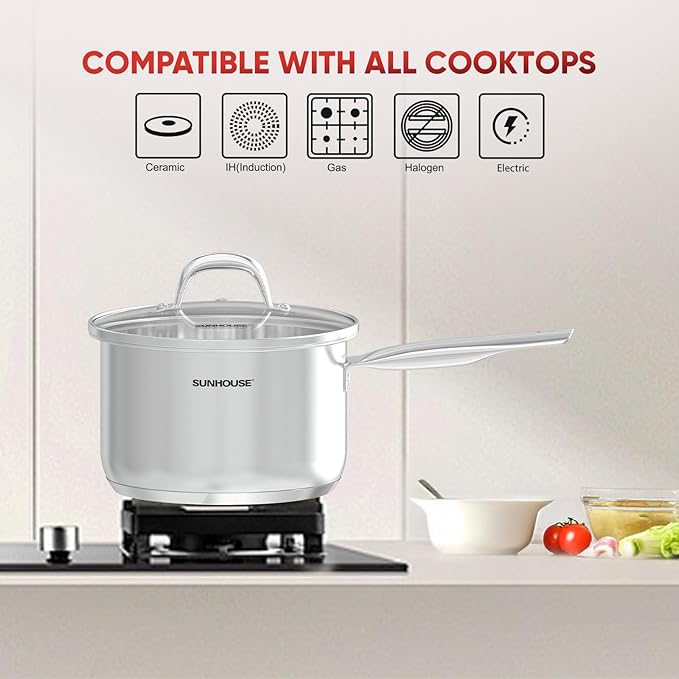 Sunhouse – 3 Quarts Stainless Steel Sauce Pan with Lid - PFOA-FREE, Stainless Steel Sauce Pan, Induction base, Stay-Cool Handle, Compatible with All Cooktops Gas, Geramic, Electric etc.