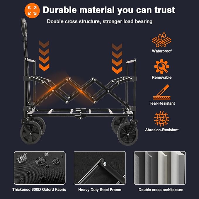 Collapsible Wagon Cart Foldable with 350lbs Weight Capacity, Lightweight Utility Shopping Cart with Wheels, Folding Grocery Wagon Carts Portable for Beach Garden Sports and Camping, Black