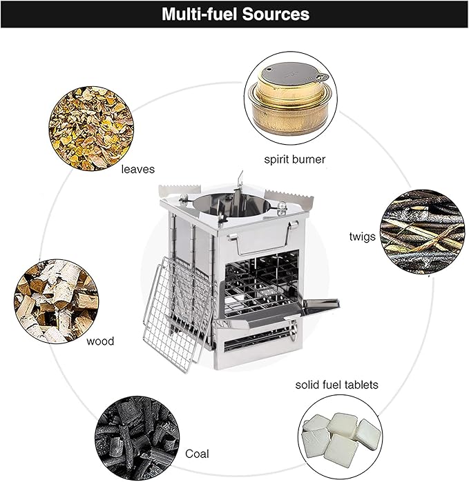 Portable Camping Wood Stove for Cooking, Folding Lightweight Stainless Steel Wood Stove with Grid and Pot Stand for Outdoor Camping Hiking Backpacking BBQ Picnic, Small