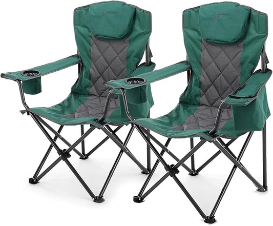 ARROWHEAD OUTDOOR 2-Pack Portable Folding Camping Quad Chair w/ 6-Can Cooler, Cup & Wine Glass Holders, Heavy-Duty Carrying Bag, Padded Armrests, Headrest & Seat, Supports up to 550lbs
