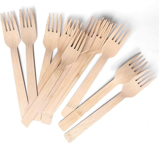Bamboo Utensils Disposable- 100 PK Bamboo Forks Disposable 100% Compostable Biodegradable Renewable Natural Cutlery Fork 6.7" for Travelling Camping