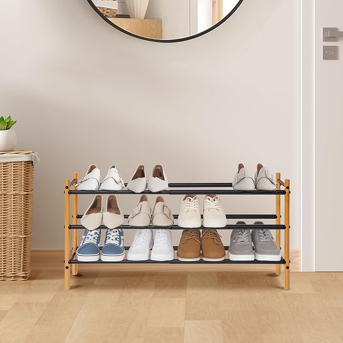 STORAGE MANIAC Expandable Shoe Rack, 16 Pairs Stackable Small Shoe Rack, Metal Adjustable Shoes Organizer for Closet, Entryway, Hallway, Garage, Front Door, Shoes Shelves, Bamboo 4 Tier
