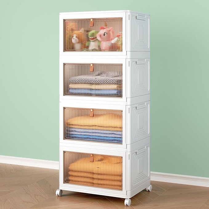 4 Tier Storage Bins with Lids, 23QT Stackable Closet Organizers and Storage with Wheels, Collapsible Storage Boxes, Foldable Plastic Storage Containers for Home,Office, Dorm Room-White